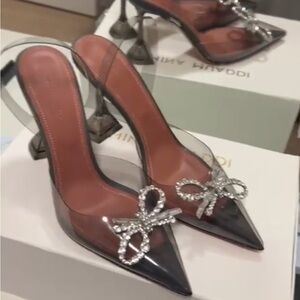 Elegant Black PVC Heels with Crystal Rhinestone Bows
